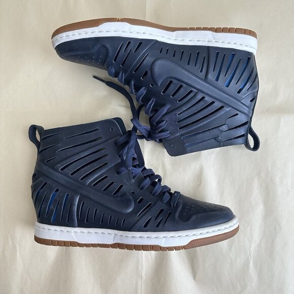 Nike Dunk Sky Hi Joli Navy Blue Shoes Sandal Wedge Women 8A Cut Out Sneaker Heel - Picture 2 of 8